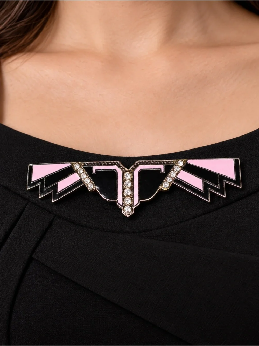 Art Deco Wing Brooch with Pink Enamel and Black Panels with Clear Stones